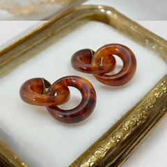 Vintage 1960s French Faux Tortoise Shell Dangle Clip-On Earrings - Modern Look, Patented "B. SGDG Depose"