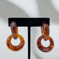 Vintage 1960s French Faux Tortoise Shell Dangle Clip-On Earrings - Modern Look, Patented "B. SGDG Depose"