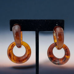 Vintage 1960s French Faux Tortoise Shell Dangle Clip-On Earrings - Modern Look, Patented "B. SGDG Depose"