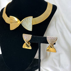 Vintage French Pave Rhinestones Gold Tone Mesh Chain Bow Jewelry Set