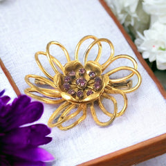 Vintage French Light Amethyst Rhinestones Gold Tone  Flower Brooch