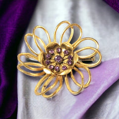 Vintage French Light Amethyst Rhinestones Gold Tone  Flower Brooch