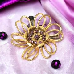 Vintage French Light Amethyst Rhinestones Gold Tone  Flower Brooch