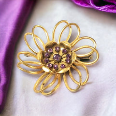 Vintage French Light Amethyst Rhinestones Gold Tone  Flower Brooch