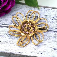 Vintage French Light Amethyst Rhinestones Gold Tone  Flower Brooch