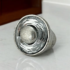 Vintage French Modernist Clear Crystal Donut Silver Tone Heavy Statement Ring