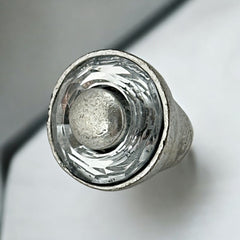 Vintage French Modernist Clear Crystal Donut Silver Tone Heavy Statement Ring