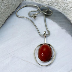 Vintage French Designer Modernist Red Brown Lucite Cabochon & Silver Tone Pendant Necklace (1970s)