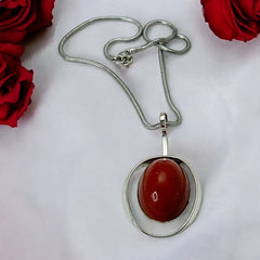 Vintage French Designer Modernist Red Brown Lucite Cabochon & Silver Tone Pendant Necklace (1970s)