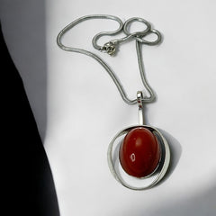 Vintage French Designer Modernist Red Brown Lucite Cabochon & Silver Tone Pendant Necklace (1970s)