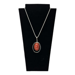 Vintage French Designer Modernist Red Brown Lucite Cabochon & Silver Tone Pendant Necklace (1970s)