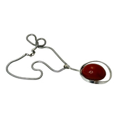 Vintage French Designer Modernist Red Brown Lucite Cabochon & Silver Tone Pendant Necklace (1970s)