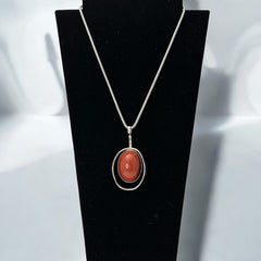 Vintage French Designer Modernist Red Brown Lucite Cabochon & Silver Tone Pendant Necklace (1970s)