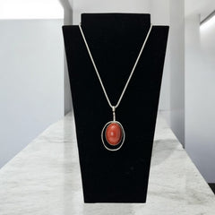 Vintage French Designer Modernist Red Brown Lucite Cabochon & Silver Tone Pendant Necklace (1970s)