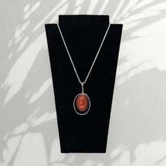 Vintage French Designer Modernist Red Brown Lucite Cabochon & Silver Tone Pendant Necklace (1970s)