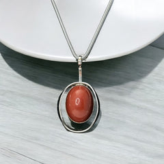 Vintage French Designer Modernist Red Brown Lucite Cabochon & Silver Tone Pendant Necklace (1970s)