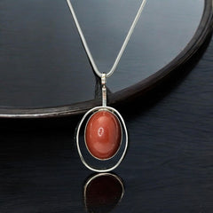 Vintage French Designer Modernist Red Brown Lucite Cabochon & Silver Tone Pendant Necklace (1970s)