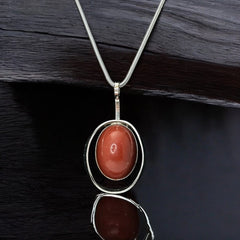 Vintage French Designer Modernist Red Brown Lucite Cabochon & Silver Tone Pendant Necklace (1970s)