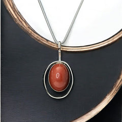 Vintage French Designer Modernist Red Brown Lucite Cabochon & Silver Tone Pendant Necklace (1970s)