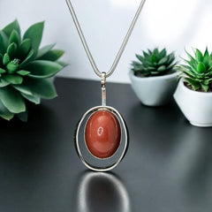 Vintage French Designer Modernist Red Brown Lucite Cabochon & Silver Tone Pendant Necklace (1970s)