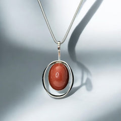 Vintage French Designer Modernist Red Brown Lucite Cabochon & Silver Tone Pendant Necklace (1970s)