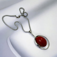 Vintage French Designer Modernist Red Brown Lucite Cabochon & Silver Tone Pendant Necklace (1970s)