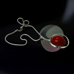 Vintage French Designer Modernist Red Brown Lucite Cabochon & Silver Tone Pendant Necklace (1970s)