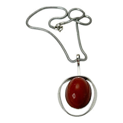 Vintage French Designer Modernist Red Brown Lucite Cabochon & Silver Tone Pendant Necklace (1970s)