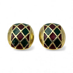 Pair of vintage French clip-on earrings with a rectangular gold-tone base, featuring a crisscross diamond lattice design filled with alternating deep red and forest green enamel; approx. 1" x ¾", late 1970s–1980s style, in very good condition with secure clips and rich color contrast.