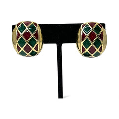Pair of vintage French clip-on earrings with a rectangular gold-tone base, featuring a crisscross diamond lattice design filled with alternating deep red and forest green enamel; approx. 1" x ¾", late 1970s–1980s style, in very good condition with secure clips and rich color contrast.