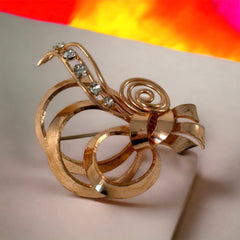 Vintage French Rose Gold Plated Floral Spray Swirl Bow Brooch