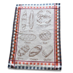 French jacquard cotton tea towel in beige, orange, and blue featuring illustrations of traditional French breads with “Pains de Tradition Française” lettering. Made in France.