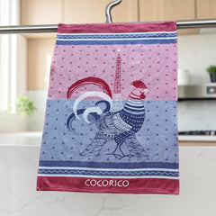 French jacquard cotton tea towel in blue, white, and red with rooster and Eiffel Tower motif and “Cocorico” lettering