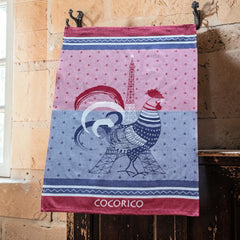 French jacquard cotton tea towel in blue, white, and red with rooster and Eiffel Tower motif and “Cocorico” lettering