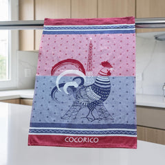 French jacquard cotton tea towel in blue, white, and red with rooster and Eiffel Tower motif and “Cocorico” lettering