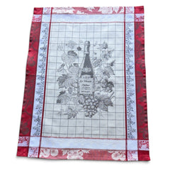 French jacquard cotton tea towel in red, white, and soft gray beige featuring a Le Vieux Chêne wine bottle surrounded by grapes and vine leaves.