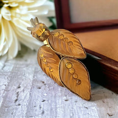 Vintage French Frosted Amber Glass Leaves Brooch