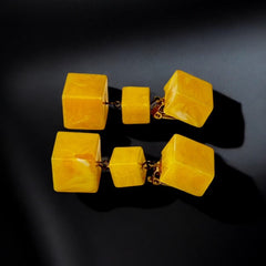 Vintage French Butterscotch Yellow Resin Cube Dangle Clip-on Earrings 1960s