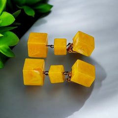 Vintage French Butterscotch Yellow Resin Cube Dangle Clip-on Earrings 1960s