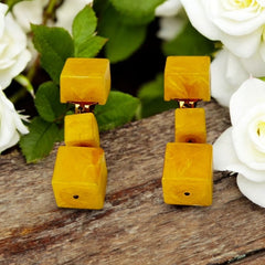 Vintage French Butterscotch Yellow Resin Cube Dangle Clip-on Earrings 1960s