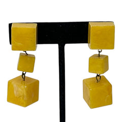 Vintage French Butterscotch Yellow Resin Cube Dangle Clip-on Earrings 1960s