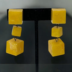 Vintage French Butterscotch Yellow Resin Cube Dangle Clip-on Earrings 1960s