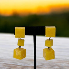 Vintage French Butterscotch Yellow Resin Cube Dangle Clip-on Earrings 1960s