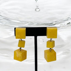 Vintage French Butterscotch Yellow Resin Cube Dangle Clip-on Earrings 1960s