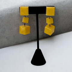 Vintage French Butterscotch Yellow Resin Cube Dangle Clip-on Earrings 1960s