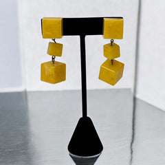 Vintage French Butterscotch Yellow Resin Cube Dangle Clip-on Earrings 1960s