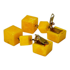 Vintage French Butterscotch Yellow Resin Cube Dangle Clip-on Earrings 1960s