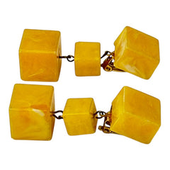 Vintage French Butterscotch Yellow Resin Cube Dangle Clip-on Earrings 1960s