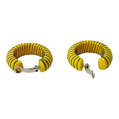 Vintage 1970s French Yellow Plastic Silver Tone Wrapped Hoops Clip-On Earrings