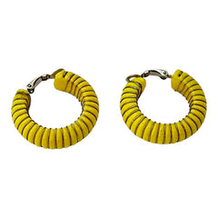 Vintage 1970s French Yellow Plastic Silver Tone Wrapped Hoops Clip-On Earrings